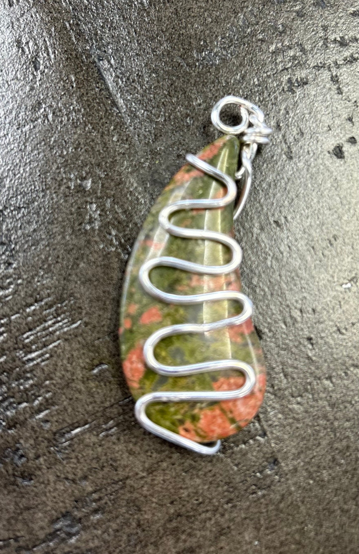 Reiki infused unique wire wrapped Unakite pendant for balance and grounding