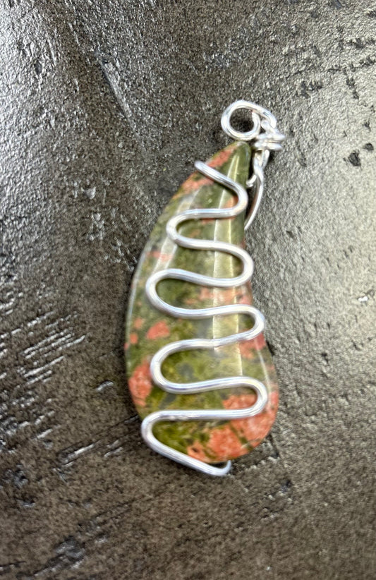 Reiki infused unique wire wrapped Unakite pendant for balance and grounding