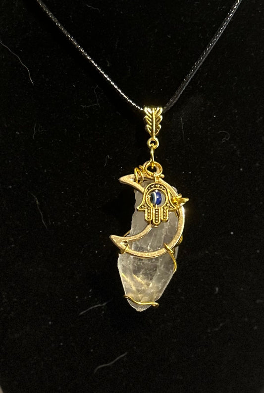 Crystal quartz with gold moon and Hamsa Reiki infused protection with master healer (Rough quartz)